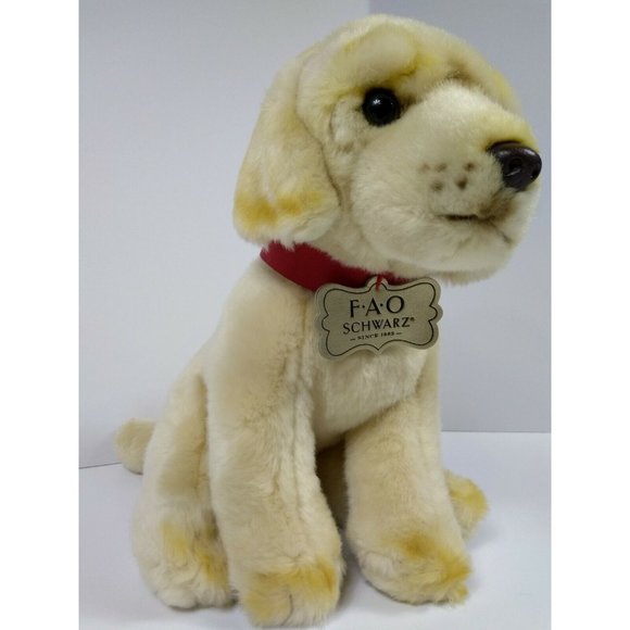 GOLDEN LABRADOR PUPPY Red Collar 10" Yellow Dog Stuffed Plush Animal FAO Schwarz - Picture 1 of 9